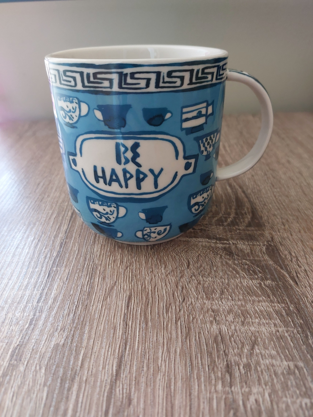 Anthropologie Blue "Be Happy" Ceramic Coffee Mug